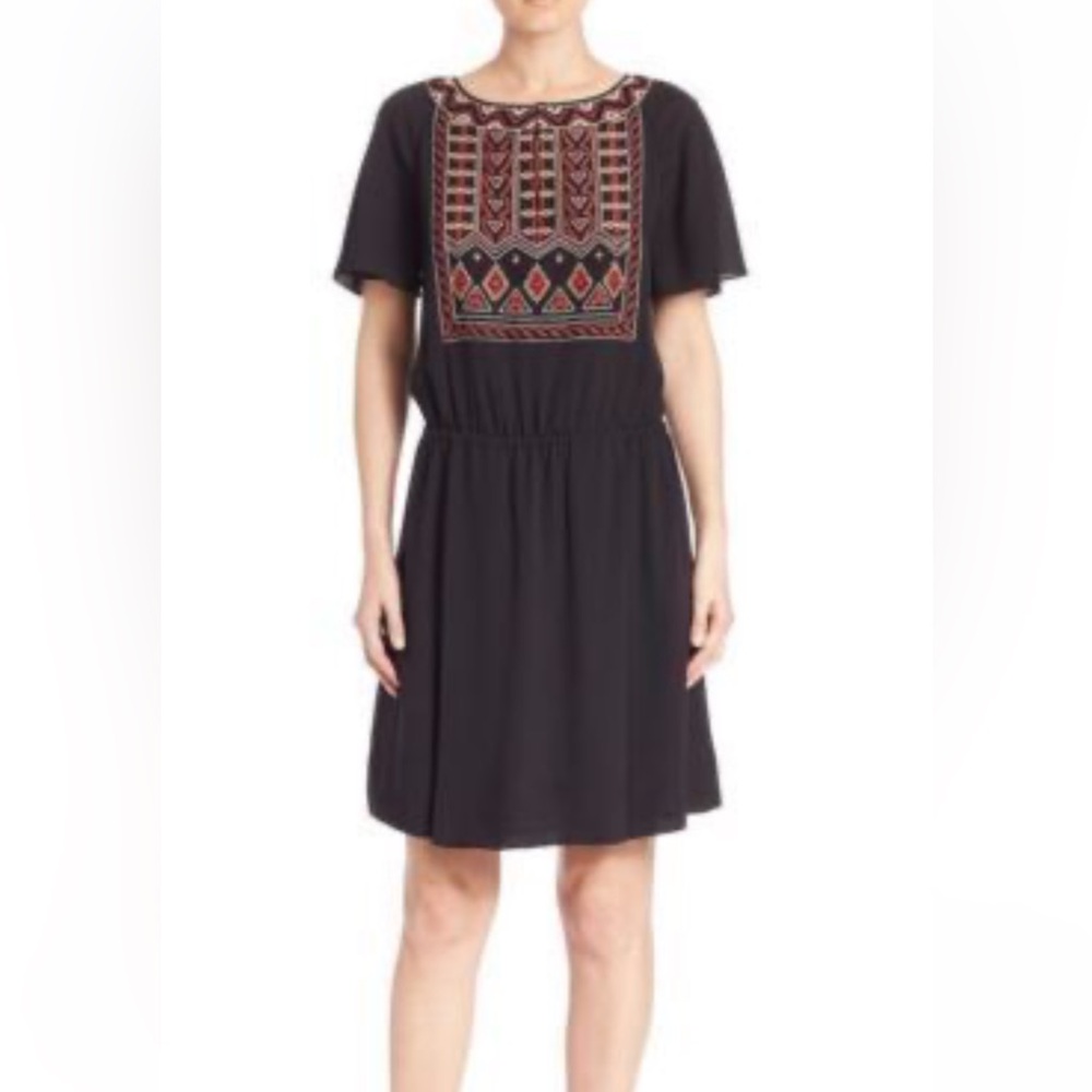 $525  Tory Burch Bristol Sz 6 Embroidered Blouson Silk Stretchy Dress Black‎